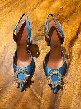 Amina Muaddi Blue Satin Pointed Slingback Heels